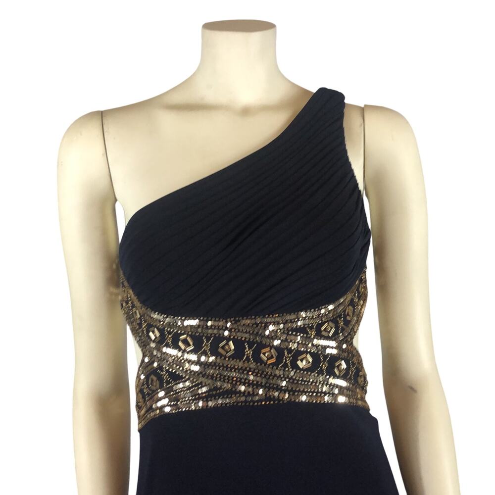 Betsy & Adam One Shoulder Navy Gold Gown NWT Size 4 - Picture 4 of 12